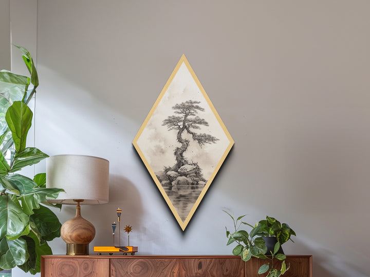 Charcoal Sketch of a Bonzai, Bonsai Tree Wall Art, Diamond Shaped Canvas Art Print, MCM Wall Decor, Odd Wall Art, Japanese Style Artwork