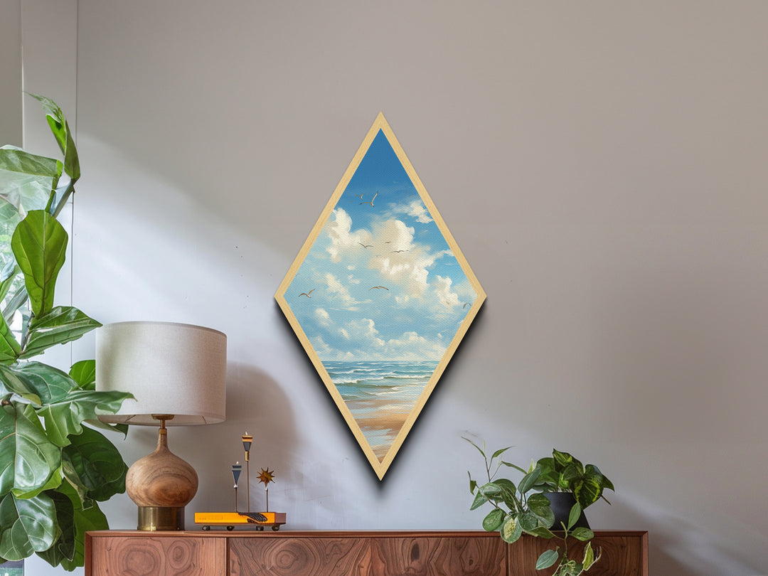 Ocean Breeze Shore Diamond Shaped Seagull Sky Beach Scene Canvas Textured Print Serene Coastal Wall Decor Nautical Landscape