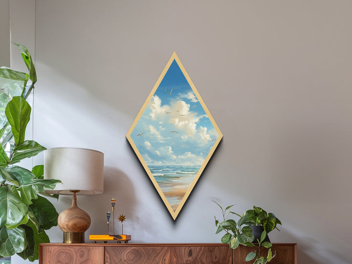 Ocean Breeze Shore Diamond Shaped Seagull Sky Beach Scene Canvas Textured Print Serene Coastal Wall Decor Nautical Landscape