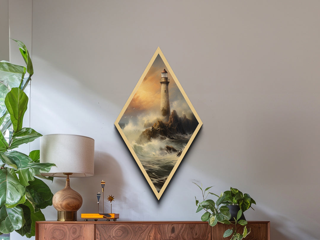Stormy Lighthouse Glow Diamond Shaped Coastal Beacon Scene Canvas Art Print Dramatic Sea Waves Nautical Decor Maritime Lighting