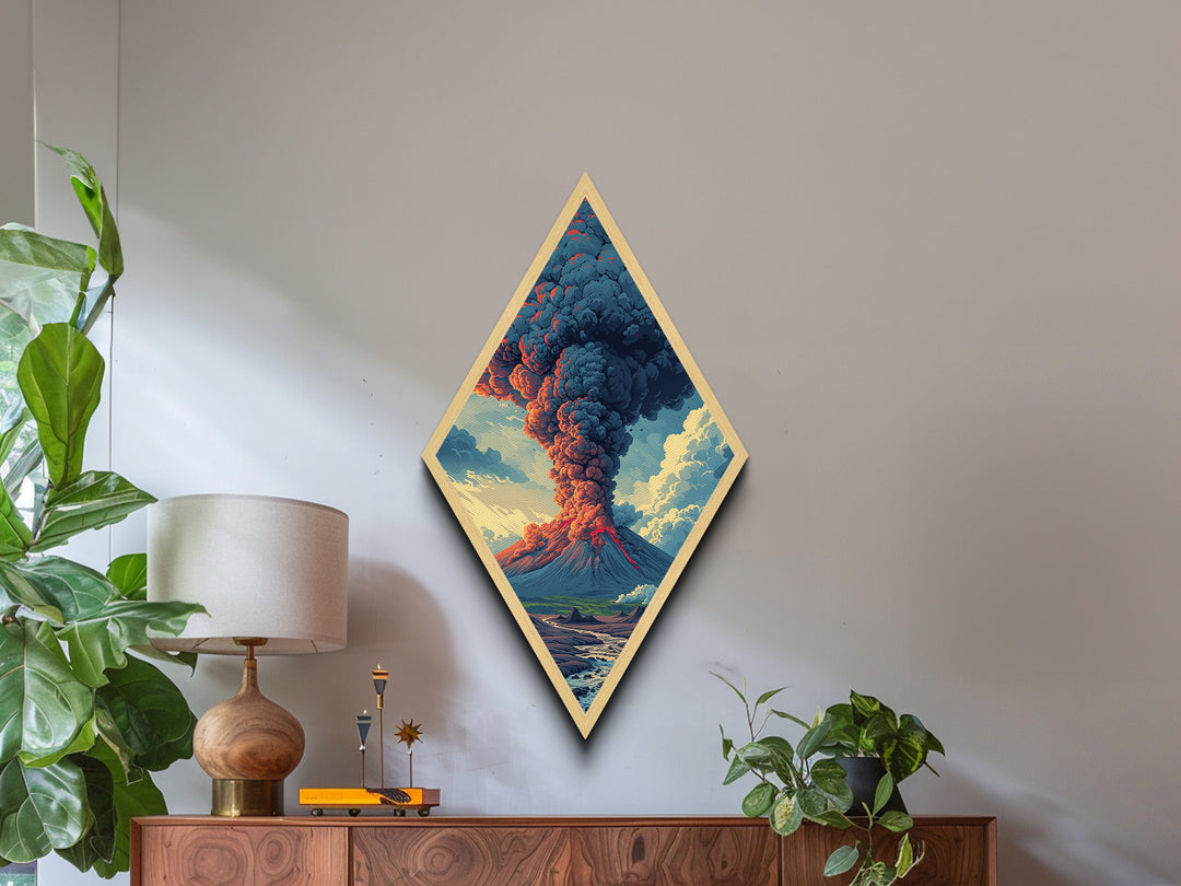 Volcanic Eruption Painting Print, Wood Framed Diamond Shaped Wall Art, Canvas Textured Print, Funky Art, Fantasy Wall Art