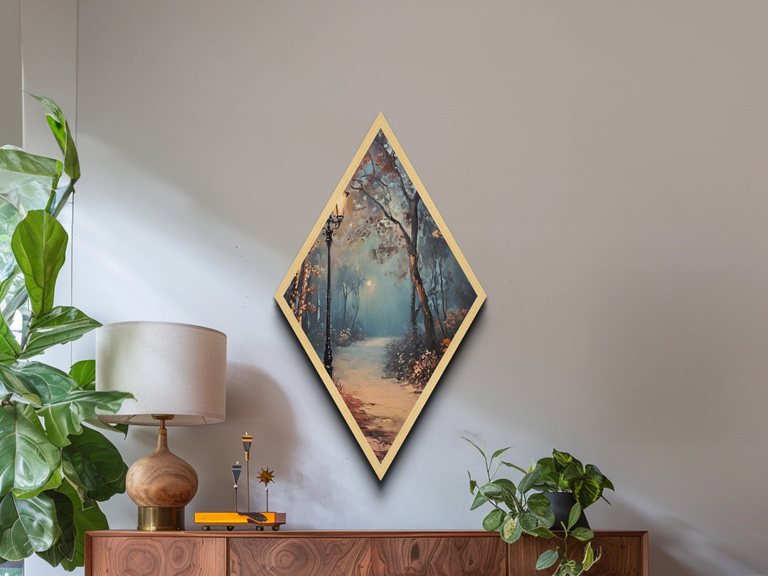 Diamond Shaped Foggy Forest Pathway, misty woodland Canvas Art Print, serene landscape painting, autumn moody nature trail home decor