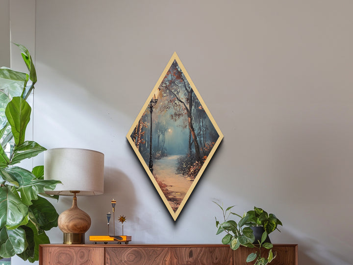 Diamond Shaped Foggy Forest Pathway, misty woodland Canvas Art Print, serene landscape painting, autumn moody nature trail home decor