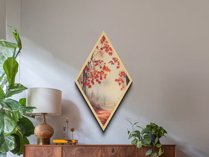 Diamond Shaped Scarlet Leaf Mist Scene, tranquil fall forest Canvas Art Print, red maple foliage decor, ethereal seasonal wall artwork