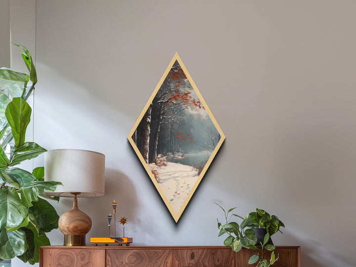 Diamond Shaped Winter River Trail, snowy forest scene Canvas Embossed Print, frosty landscape wall art, blue gray Christmas nature decor