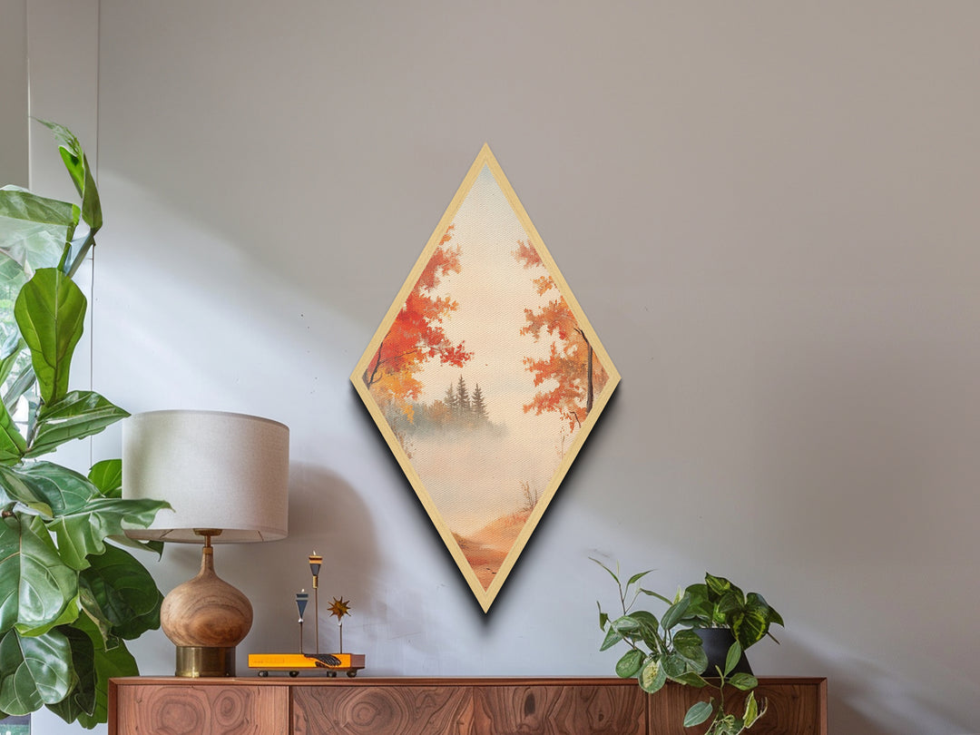 Golden Autumn Path – Diamond Shaped Canvas Art Print, misty fall landscape wall decor, seasonal forest artwork, rustic nature home accent