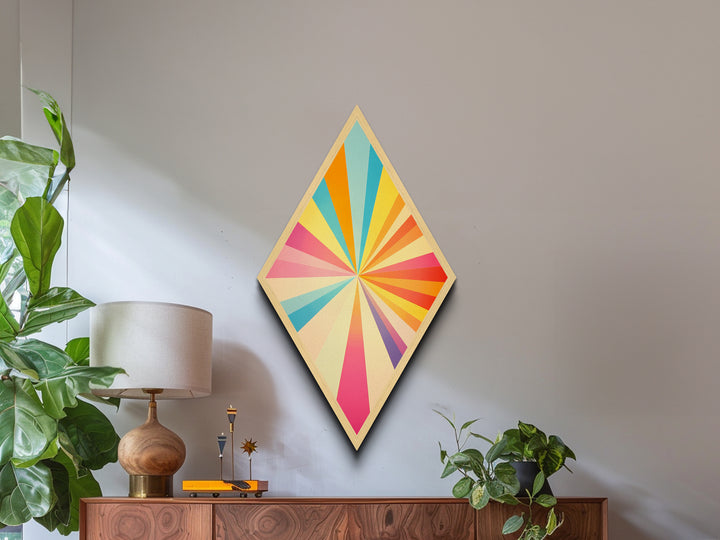 Prism Spectrum Starburst – Diamond Shaped Canvas Textured Print, retro geometric pattern artwork, modern bright pop wall home decoration