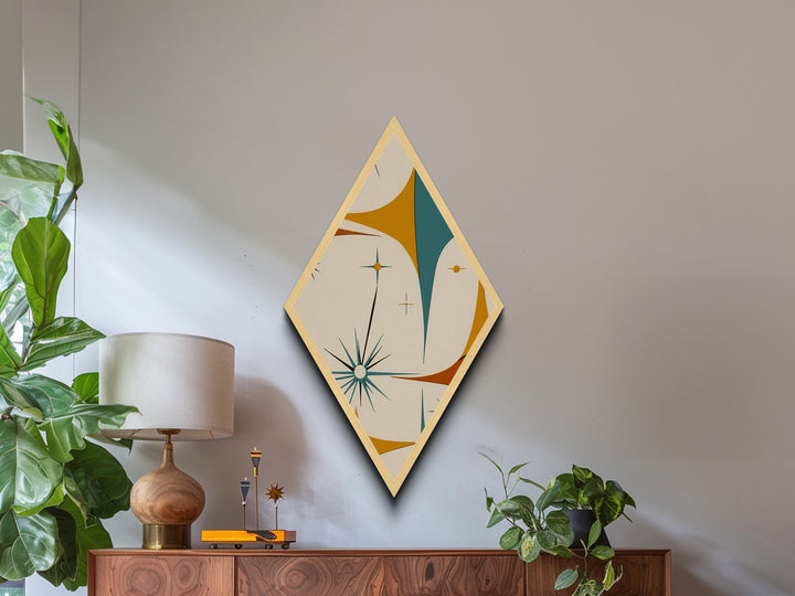 Mod Starflare Geometry – Diamond Shaped Canvas Art Print, retro atomic burst wall design, teal orange star pattern, midcentury home decor