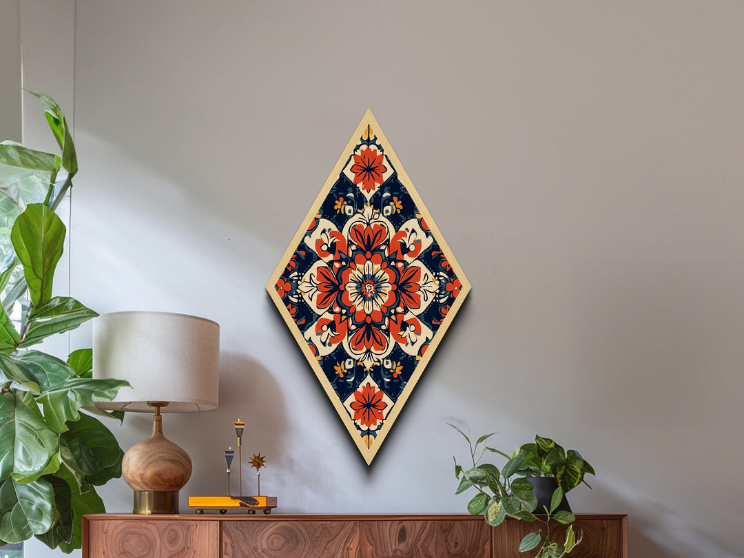 Floral Tile Harmony Diamond Shaped Canvas Art Print with bold folk pattern red navy decorative symmetry boho home accent Mediterranean decor