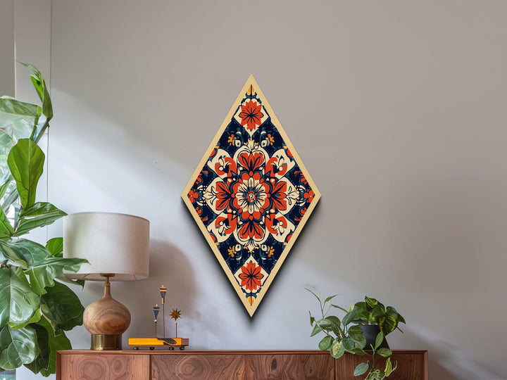 Floral Tile Harmony Diamond Shaped Canvas Art Print with bold folk pattern red navy decorative symmetry boho home accent Mediterranean decor