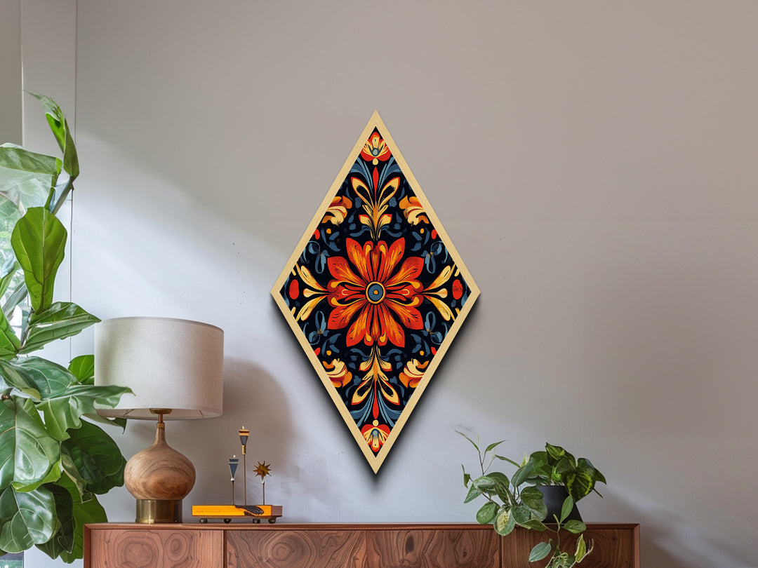 Crimson Bloom Folk Diamond Shaped Canvas Embossed Print featuring stylized red floral design dark background ethnic boho wall art vibrant palette