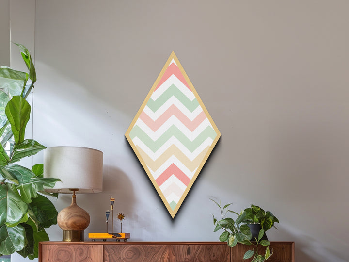 Chevron Candy Pop Diamond Shaped Canvas Embossed Print with light pastel rainbow zigzag stripes modern baby room art soft neutral wall pattern