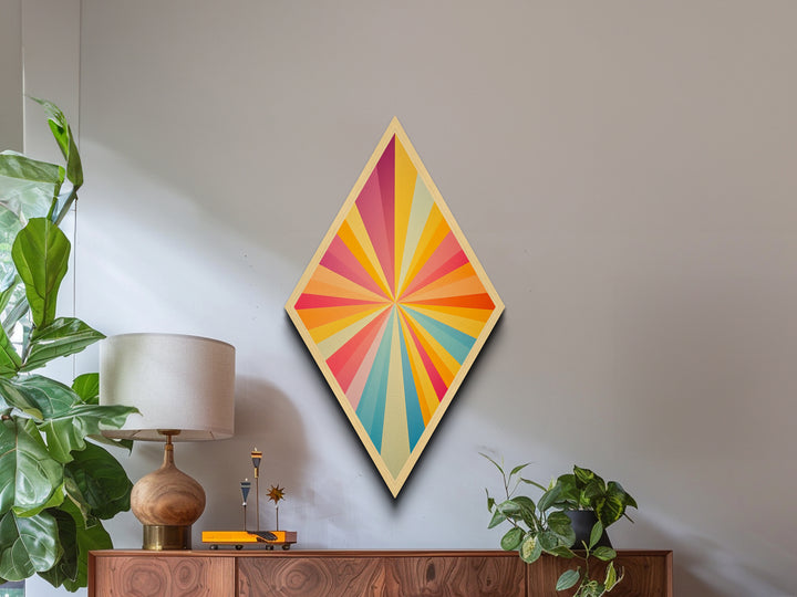Radiant Retro Burst Diamond Shaped Canvas Art Print with sunshine ray design vivid rainbow starburst midcentury modern energy abstract wall decor