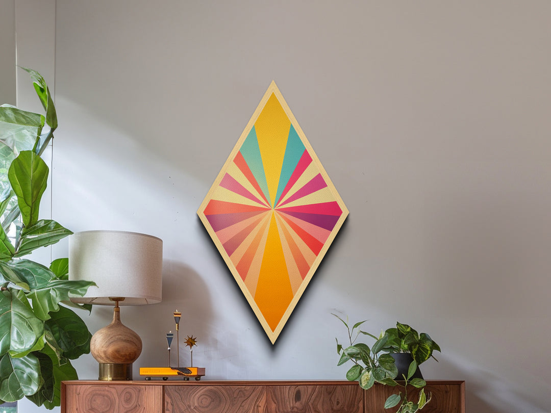 Sunshine Spectrum Pop Diamond Shaped Canvas Embossed Print with bold pastel starburst explosion midcentury vibes colorful retro geometric wall art