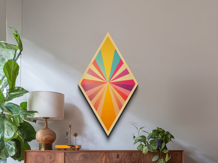 Sunshine Spectrum Pop Diamond Shaped Canvas Embossed Print with bold pastel starburst explosion midcentury vibes colorful retro geometric wall art