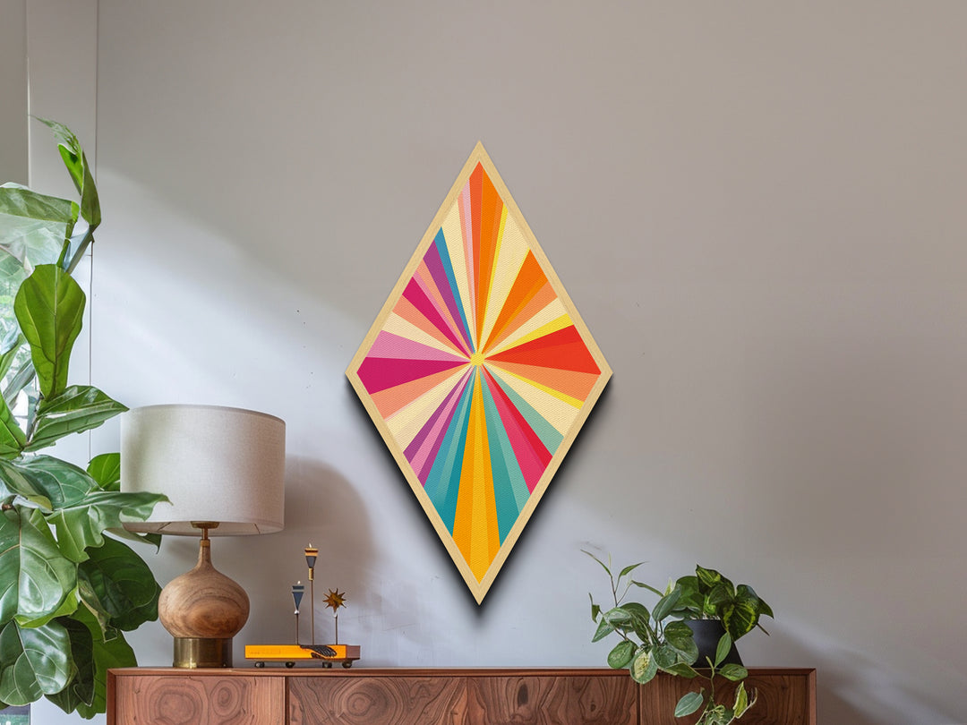 Sunshine Rays — Diamond Shaped Canvas Art Print modern sunbeam explosion piece ideal kids room decor vibrant wall accent rainbow palette