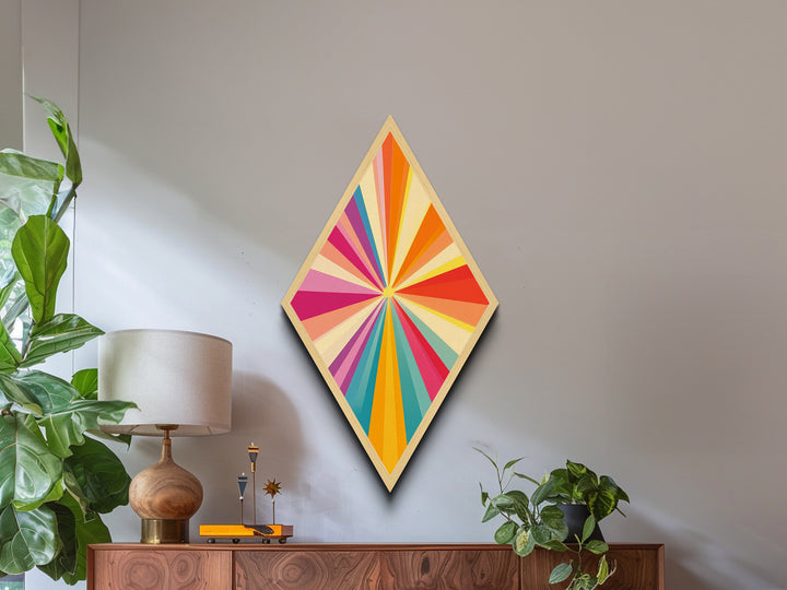 Sunshine Rays — Diamond Shaped Canvas Art Print modern sunbeam explosion piece ideal kids room decor vibrant wall accent rainbow palette