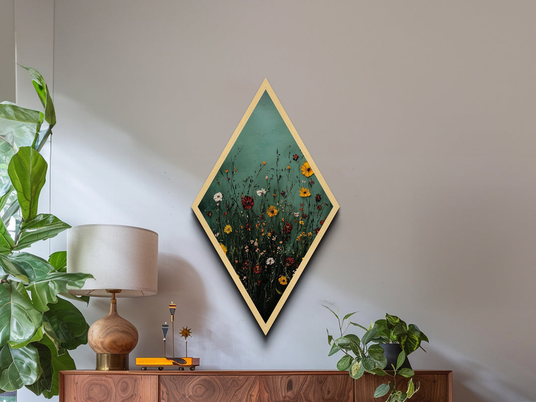 Wild Meadow — Diamond Shaped Canvas Textured Print adds rustic charm to bedroom or entryway with floral impasto nature wall art earthy tones
