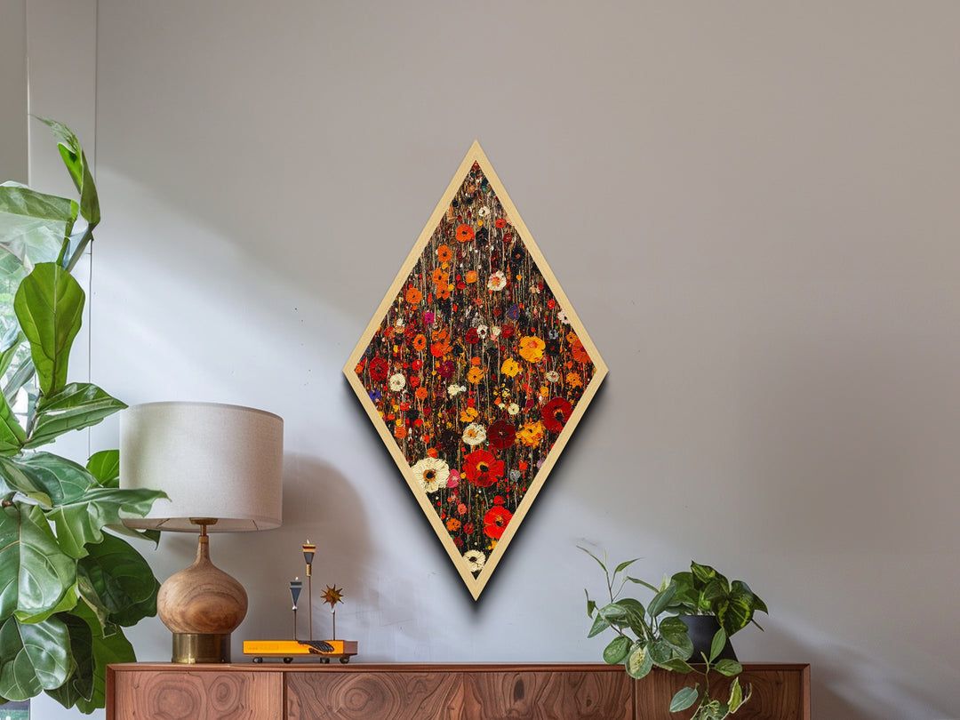 Autumn Garden — Diamond Shaped Canvas Textured Print adds farmhouse style to dining room or foyer featuring impasto wildflower bouquet hues