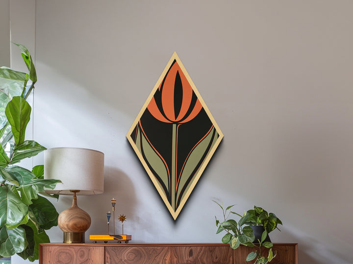 Atomic Tulip — Diamond Shaped Canvas Embossed Print perfect bedroom or gallery wall decor featuring retro tulip style orange green modern art