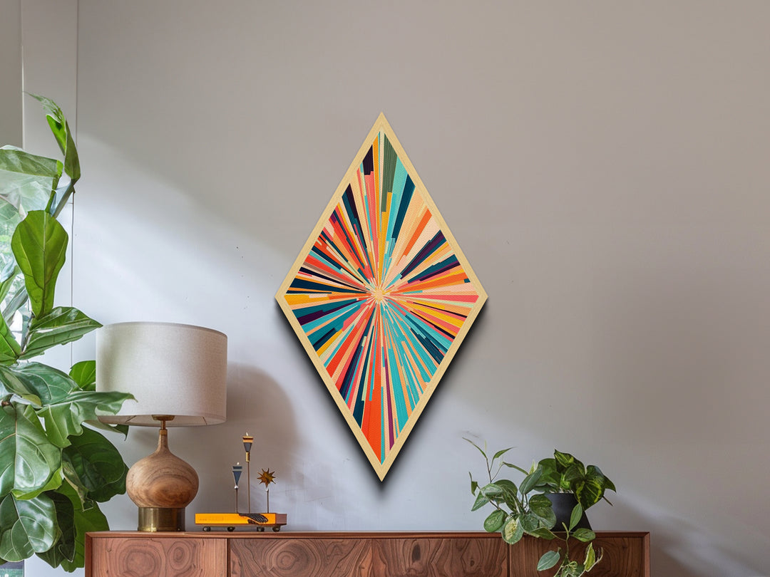 Radiant Spectrum Burst Diamond Shaped Canvas Textured Print, Mid-Century Modern Wall Decor, Abstract Geometric Art Explosion