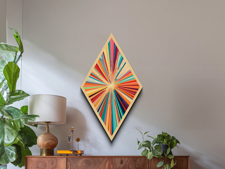 Vibrant Starburst Fusion Diamond Shaped Canvas Textured Print, Colorful Abstract Wall Art, Modern Energy Pop Home Accent