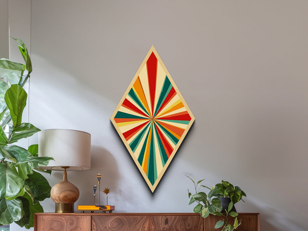 Retro Sunbeam Pattern Diamond Shaped Canvas Art Print, Bold Mid-Century Modern Wall Decor, Minimalist Geometric Statement