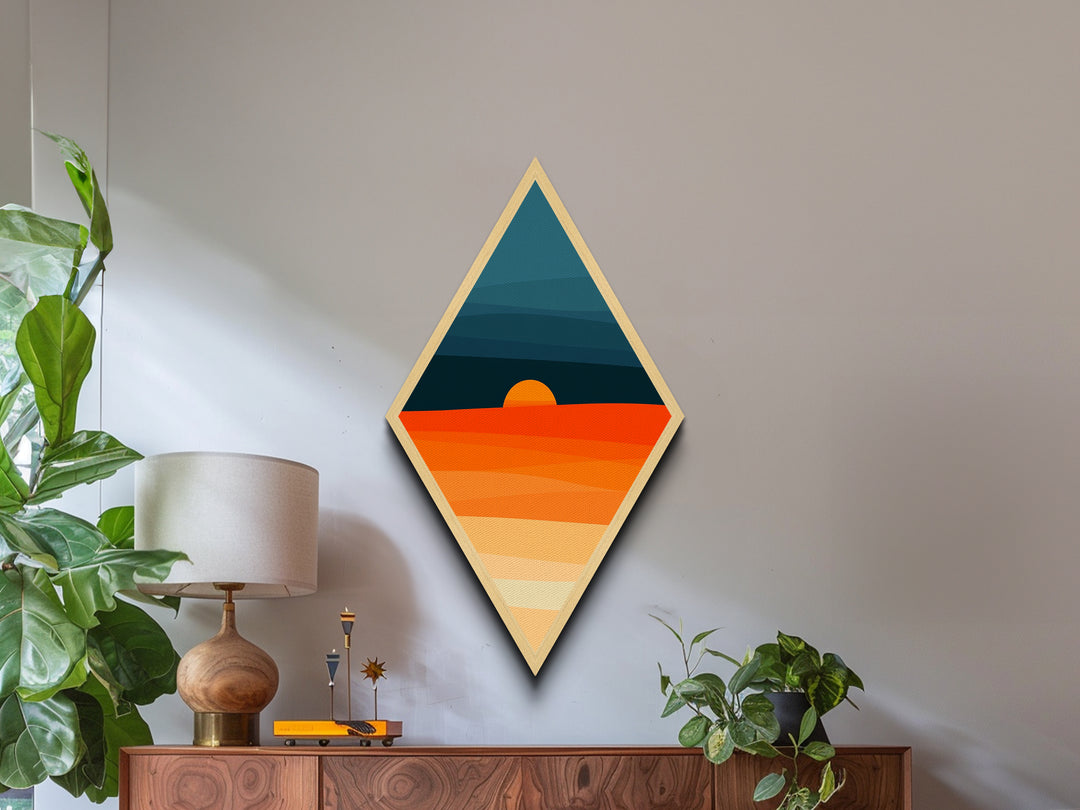 Desert Sunset Horizon Diamond Shaped Canvas Art Print, Minimalist Landscape Wall Decor, Warm Earth Tone Abstract Scene