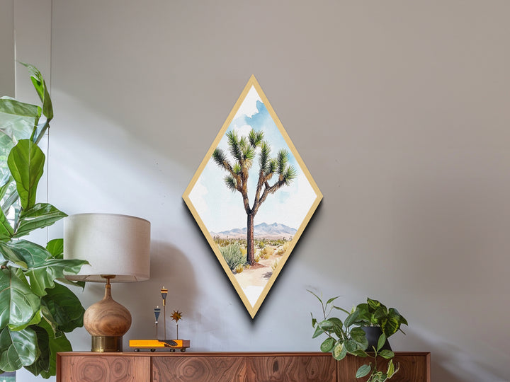 Joshua Tree Vista Diamond Shaped Canvas Textured Print, Desert Botanical Watercolor Art, Nature Landscape Wall Accent