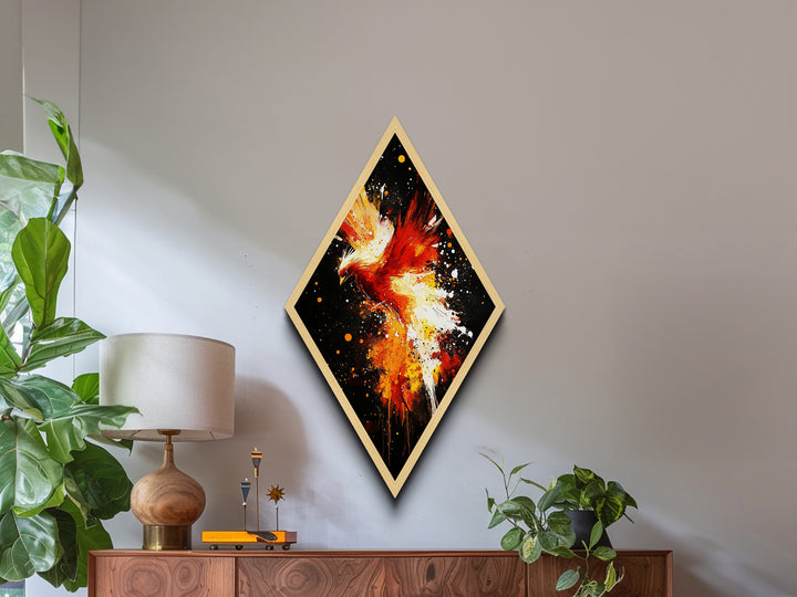 Inferno Flight Phoenix Diamond Shaped Canvas Textured Print, Red Fire Bird Wall Art, Bold Mythical Creature Modern Painting