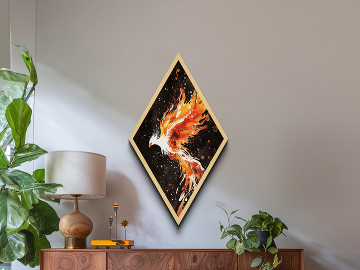 Firebird Soaring Burst Diamond Shaped Canvas Art Print, Fiery Phoenix Painting, Mystical Wall Decor in Black and Orange