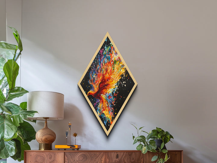 Cosmic Phoenix Bloom Diamond Shaped Canvas Embossed Print, Vibrant Color Splash Wall Art, Celestial Bird Fantasy Artwork