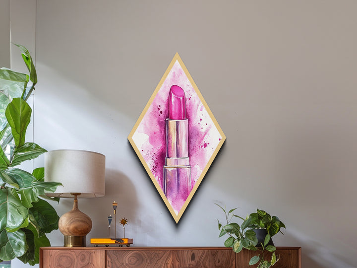 Pink Lipstick Glam Diamond Shaped Canvas Embossed Print, Watercolor Makeup Wall Art, Feminine Beauty Fashion Illustration