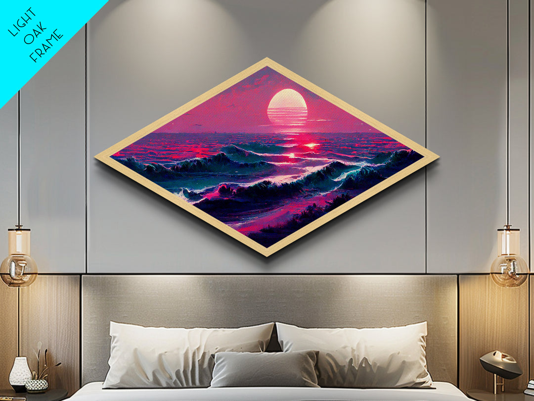 Crimson Horizon Sunset Diamond Shaped Ocean Landscape Canvas Embossed Print Coastal Red Waves Modern Nautical Wall Art Home Decor