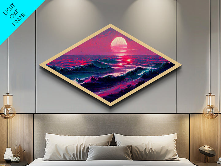 Crimson Horizon Sunset Diamond Shaped Ocean Landscape Canvas Embossed Print Coastal Red Waves Modern Nautical Wall Art Home Decor