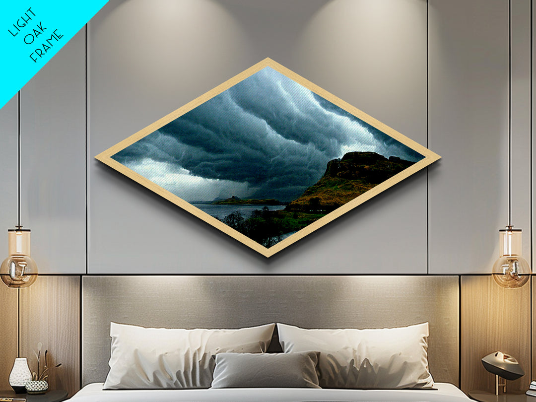 Rolling Storm Clouds Diamond Shaped Castle View Canvas Textured Print Turbulent Sky Landscape Dramatic Weather Gothic Wall Decor