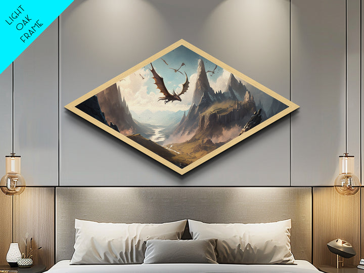 Firewing Highlands – Diamond Shaped Fantasy Dragon Landscape Canvas Art Print with epic flying creatures, medieval scenery, and vivid detail