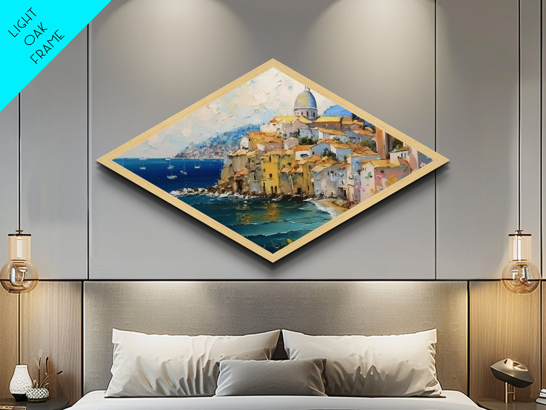 Amalfi Shoreline – Diamond Shaped Mediterranean Village Seascape Canvas Textured Print with coastal architecture, oil painting texture