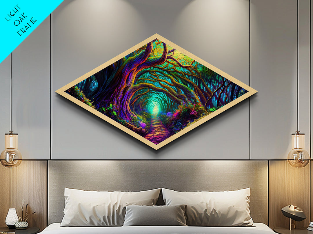 Enchanted Rootway – Diamond Shaped Mystical Forest Tunnel Canvas Embossed Print with neon glow trees, fantasy flora, and glowing path