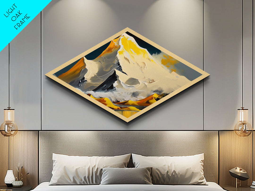 Gilded Summit – Diamond Shaped Golden Mountain Landscape Canvas Embossed Print with snow peaks, yellow ridge lines, and stylized range