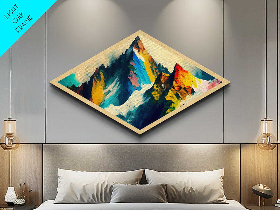 Crystalline Alps – Diamond Shaped Abstract Rainbow Peaks Canvas Textured Print with polygonal mountain terrain, bold geometric strokes