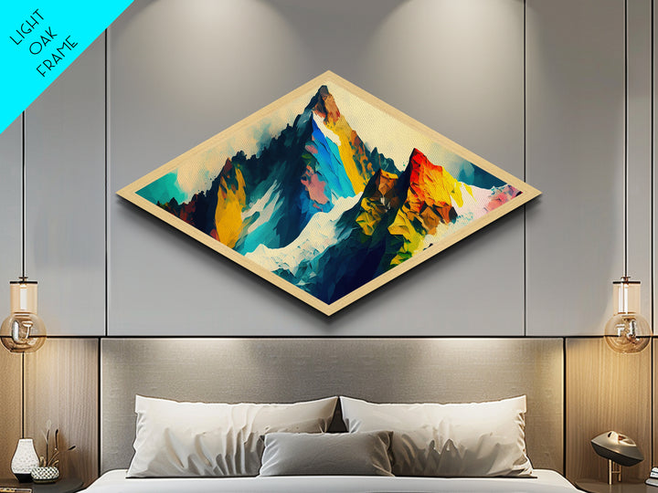 Crystalline Alps – Diamond Shaped Abstract Rainbow Peaks Canvas Textured Print with polygonal mountain terrain, bold geometric strokes