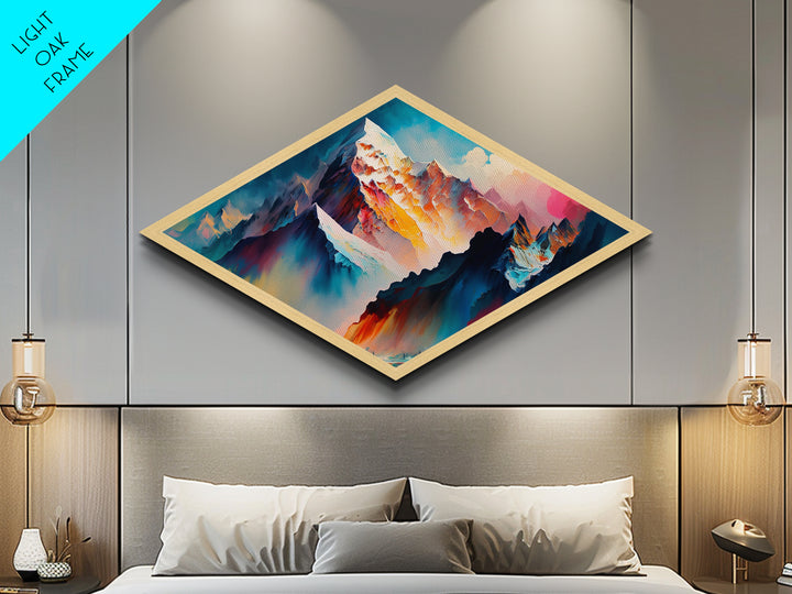 Aurora Range – Diamond Shaped Vibrant Alpine Mountains Canvas Art Print with icy summits, glowing pink sky, and fantasy ridge view