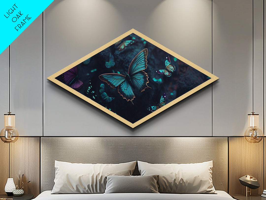 Nocturne Butterflies – Diamond Shaped Midnight Forest Insects Canvas Embossed Print with glowing wings, bioluminescent ambiance, deep tones