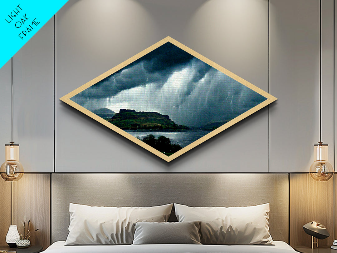 Stormy Highlands Skies Diamond Shaped Canvas Textured Print, dramatic clouds over mountains wall decor, moody nature landscape art