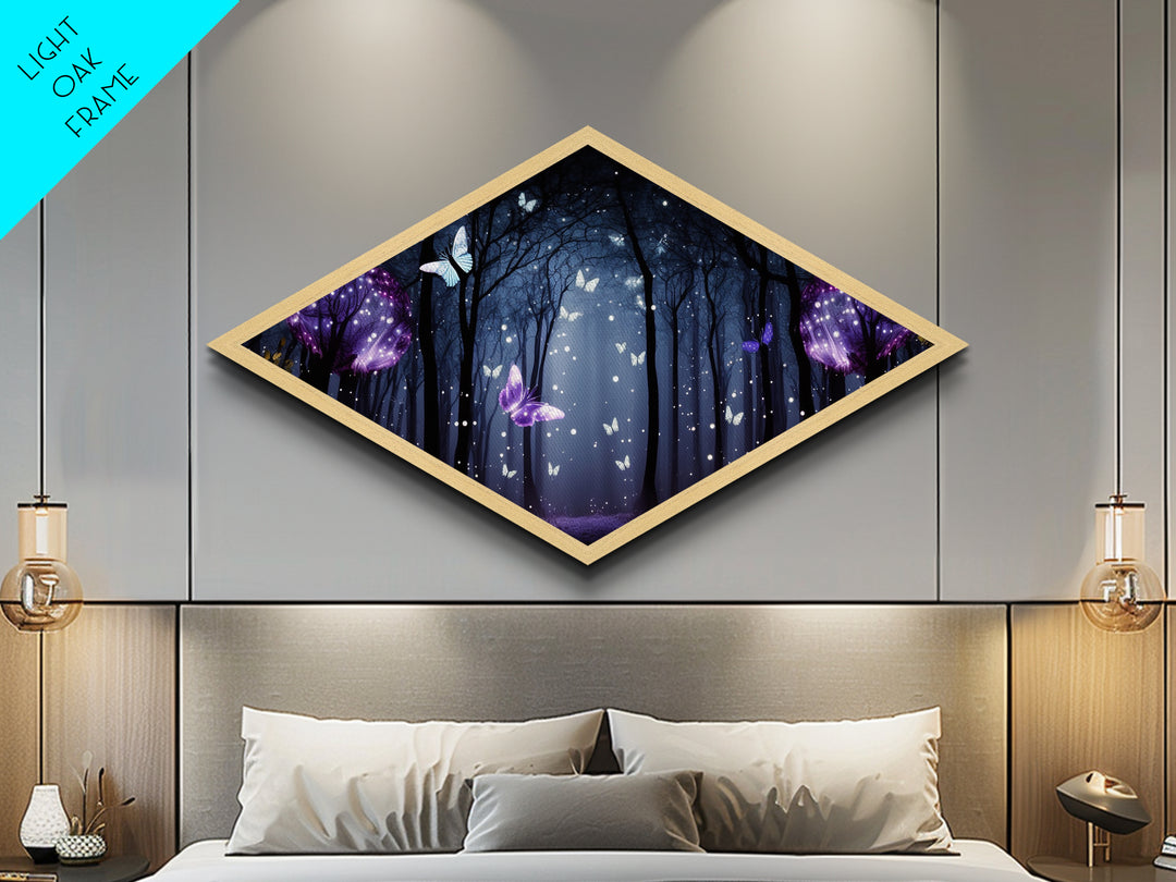 Enchanted Forest Glow – Diamond Shaped Canvas Art Print with glowing butterflies, dreamy purple woodland, fantasy wall decor, nightscape art