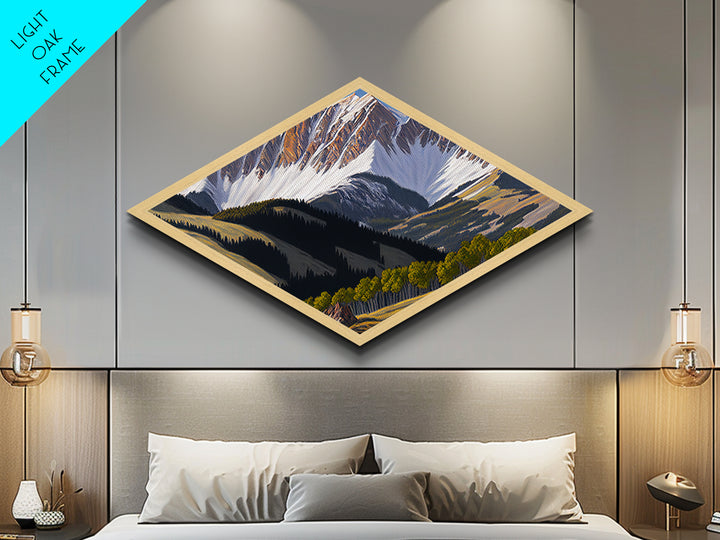 Snowcap Forest Light – Diamond Shaped Canvas Textured Print with alpine mountain landscape, fall forest shadow play, nature inspired home art