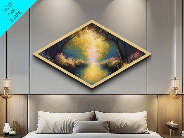 Golden Forest Path – Diamond Shaped Canvas Embossed Print with radiant trees, glowing sunset river, impressionist woodland nature painting
