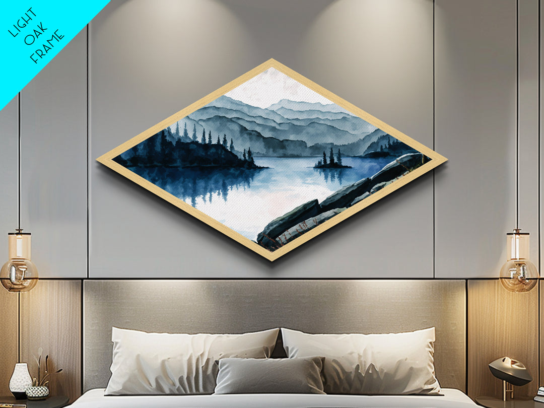 Tranquil Mountain View Diamond Shaped Canvas Textured Print with peaceful lake scene, forest landscape painting, rustic wall decor