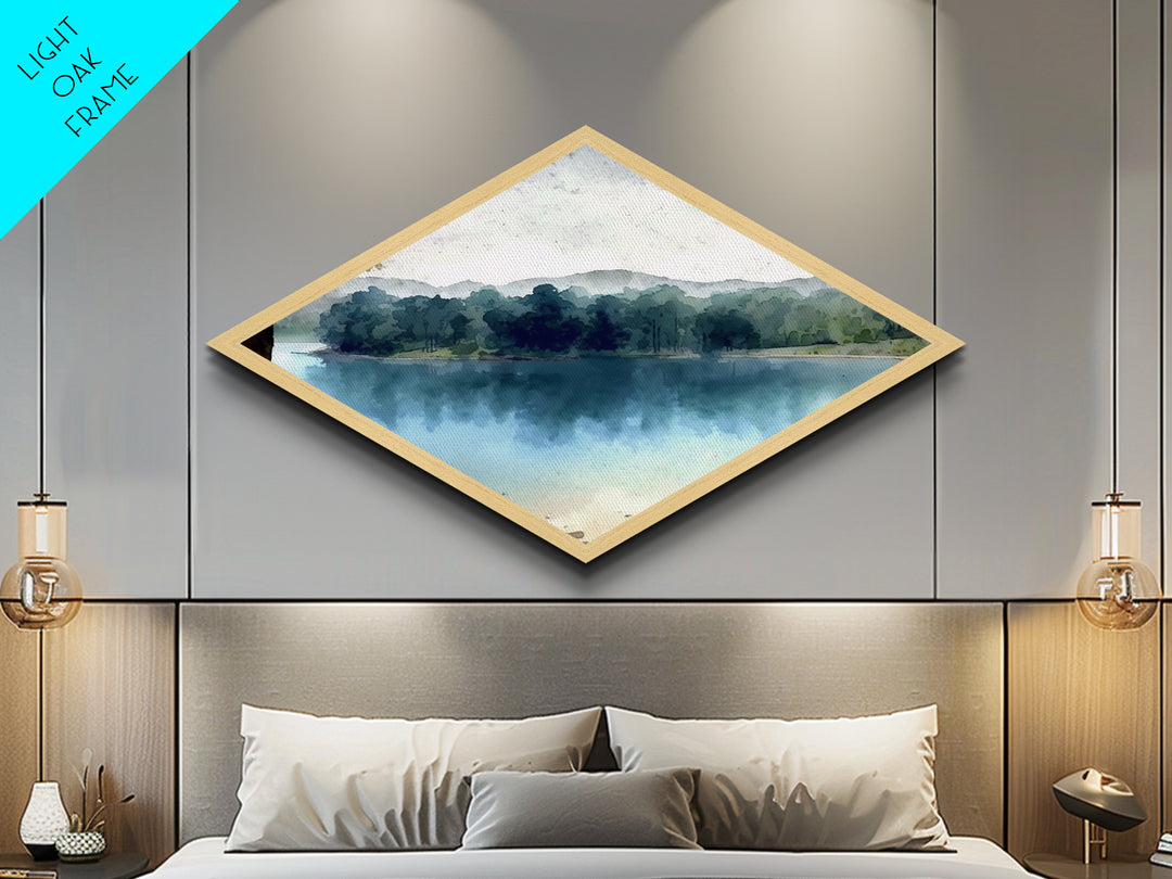 Quiet Riverbank Scene Diamond Shaped Canvas Art Print with woodland nature, blue green forest reflection painting, lakeview serenity